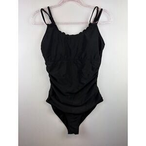 DACI One Piece Swimsuit Scalloped‎ Neck Ruched Black Retro Chic Classic Sleek M